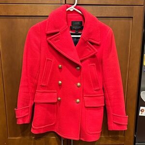 J. Crew Women's Vibrant Red Peacoat with Gold Buttons